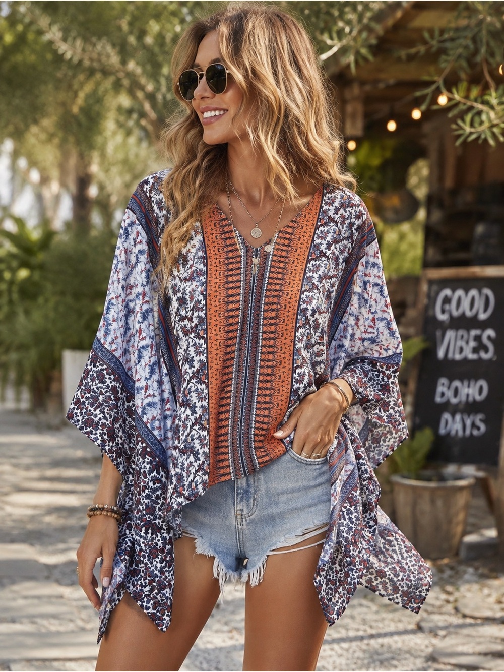 fab'rik Boho Patchwork Poncho style top in Rust and Navy